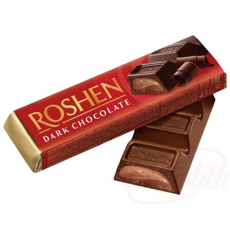 Donkere chocoladereep met cacaoroom. Bevat Alcohol. Roshen