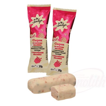 Glazed cottage cheese bar with raspberry flavor and chocolate pieces in white coating